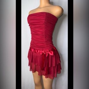 Red Ruched Strapless Party Dress with Satin Bow